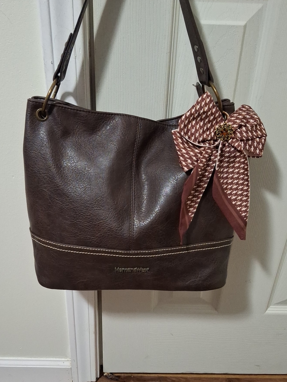Montana West Dark Brown Shoulder Bag with Brown Bow Brooch Accent